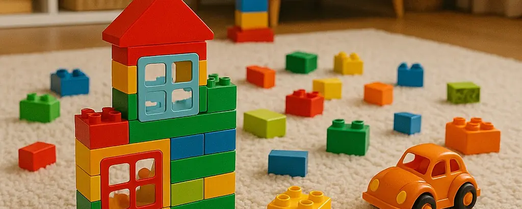 Toddler toys and wooden blocks arranged for simple play on a sunny indoor floor
