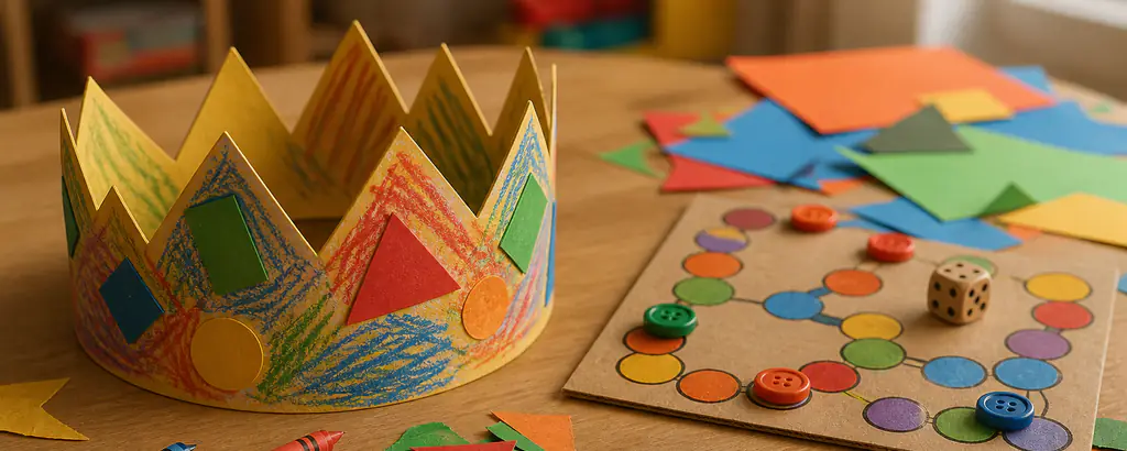 Crafts, blocks, and games laid out for five-year-olds on a bright indoor table