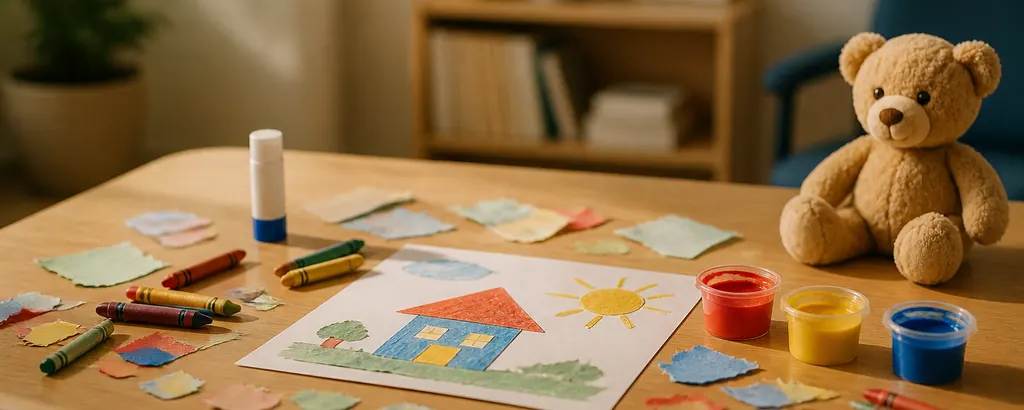 Crayons, paint pots, and a child’s drawing in progress on a wooden table