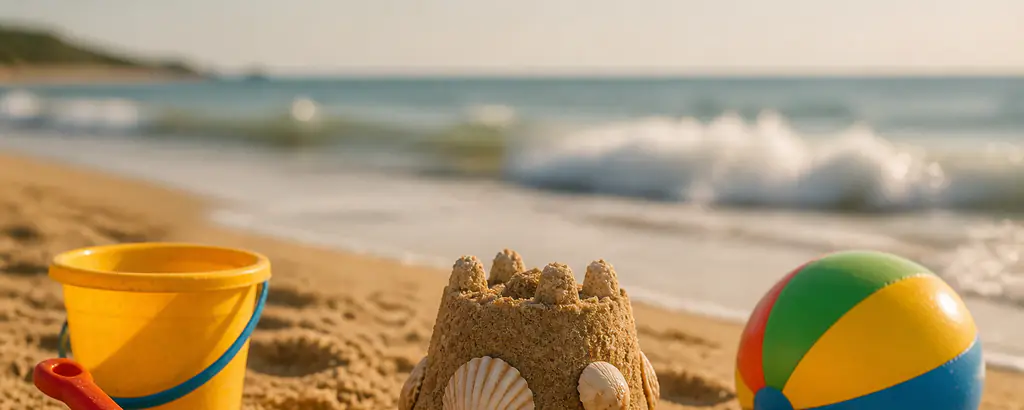 Yellow bucket, seashell sandcastle, and a colorful beach ball on golden sand