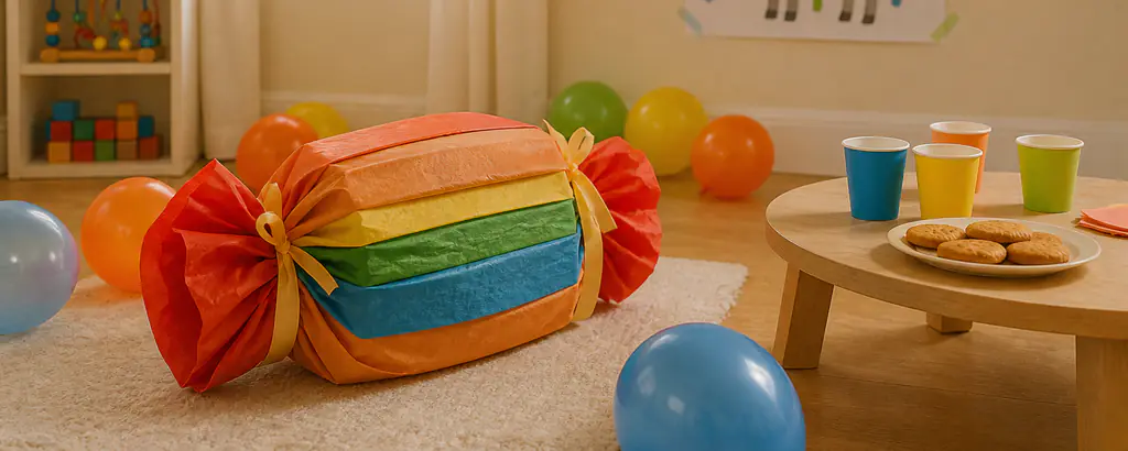 Simple birthday party games and colorful decorations ready for kids
