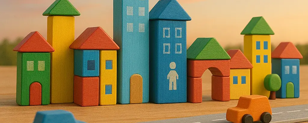 Miniature city built from colorful wooden blocks with a toy car on a painted road