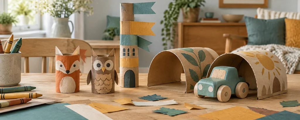 Cardboard tube animal characters, a paper-flag tower, and broad toy-car tunnels on a craft table