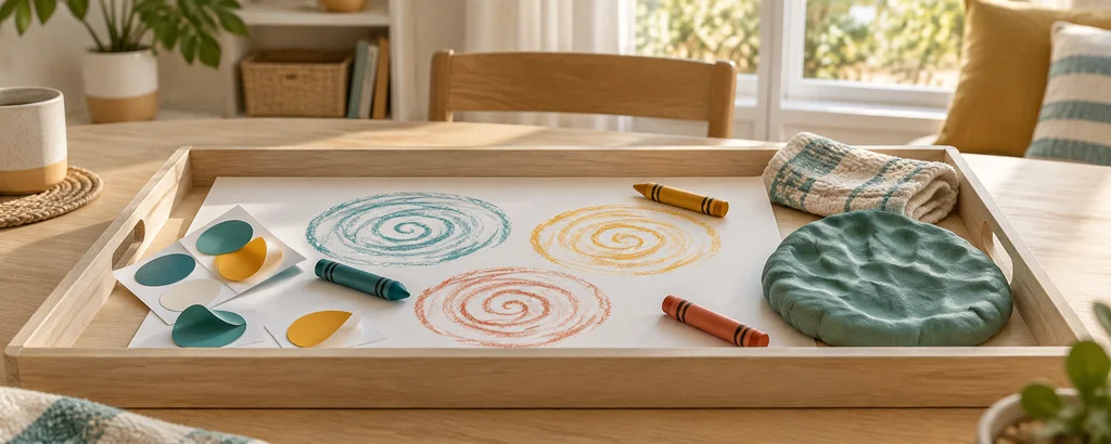 Large stickers, crayon spirals, a folded cloth, and modeling dough arranged in a shallow tray