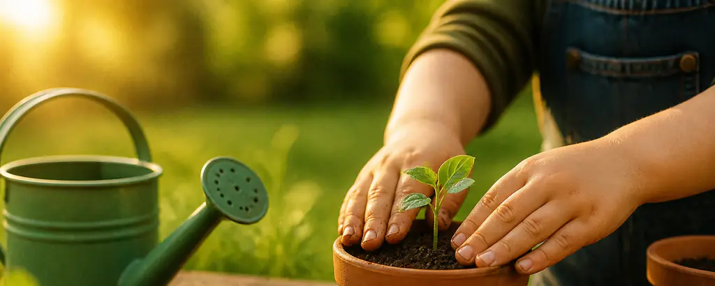 Small pots, soil, and seedlings for gardening with little hands