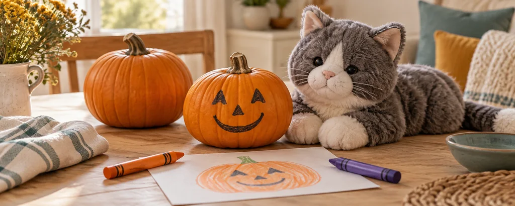 Friendly drawn-face pumpkin, plush cat, pumpkin drawing, and chunky crayons in warm daylight