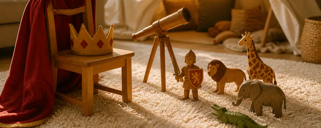 Felt crown on a small chair with a toy telescope and wooden knight and animal figures on a rug