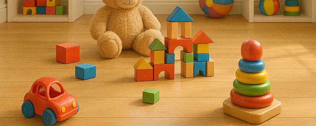 Wooden toy car, rainbow stacker, and building blocks on a light wood playroom floor