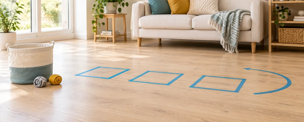 Flat tape stepping squares and a curved path on a clear living room floor beside rolled socks and a basket
