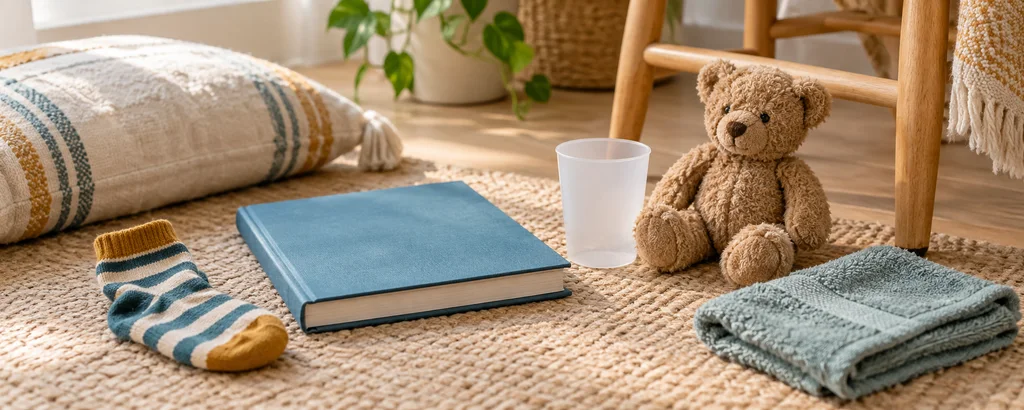 Book, striped sock, empty cup, teddy bear, and folded towel beside a cushion and chair