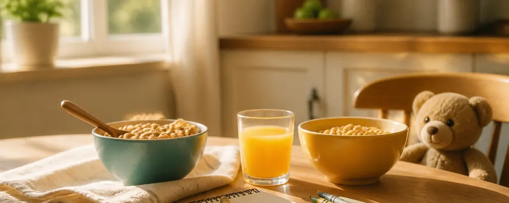 Sunny breakfast table with cereal, juice, and crayons to start the day