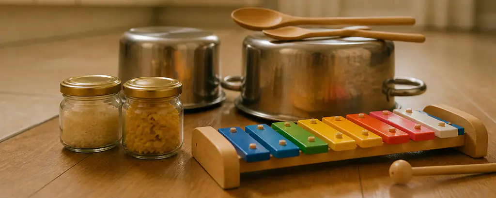 Rainbow xylophone, homemade rice shakers, and pots used as drums on a wood floor