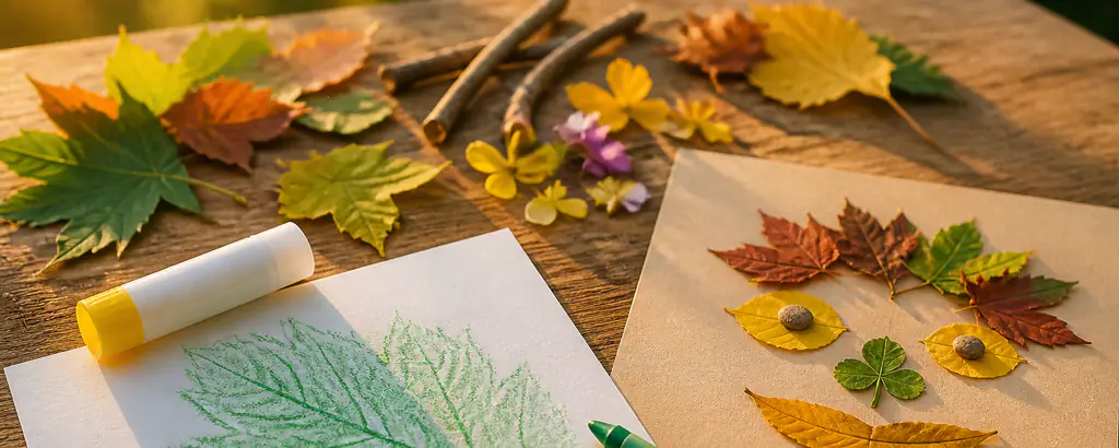 Leaves, sticks, and simple nature crafts arranged after an outdoor walk
