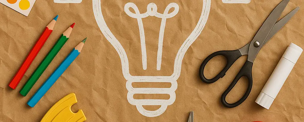 Hand-drawn lightbulb on kraft paper surrounded by crayons, scissors, and craft supplies