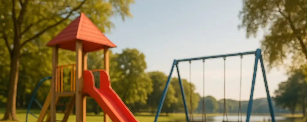 Sunny park playground with a red slide and blue swing set in soft golden light