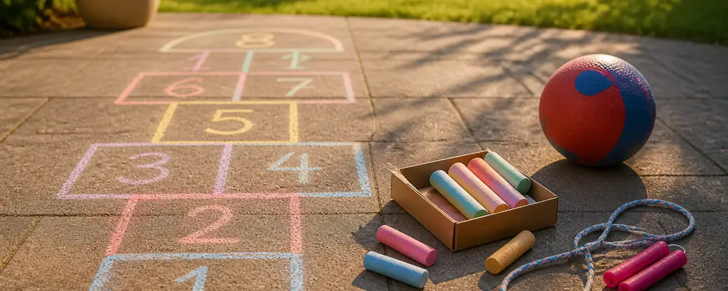 Chalk hopscotch grid on a sunny patio with a ball, sidewalk chalk, and a skipping rope
