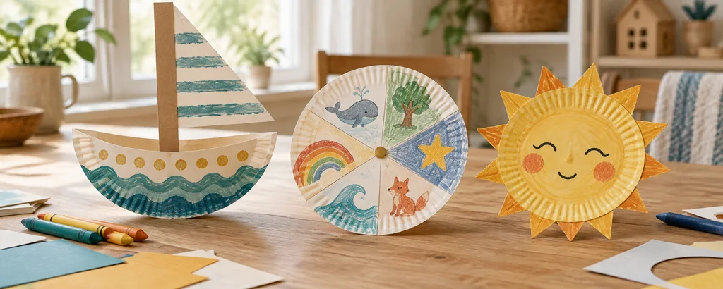 Handmade paper plate rocking boat, illustrated story wheel, and smiling sun beside crayons