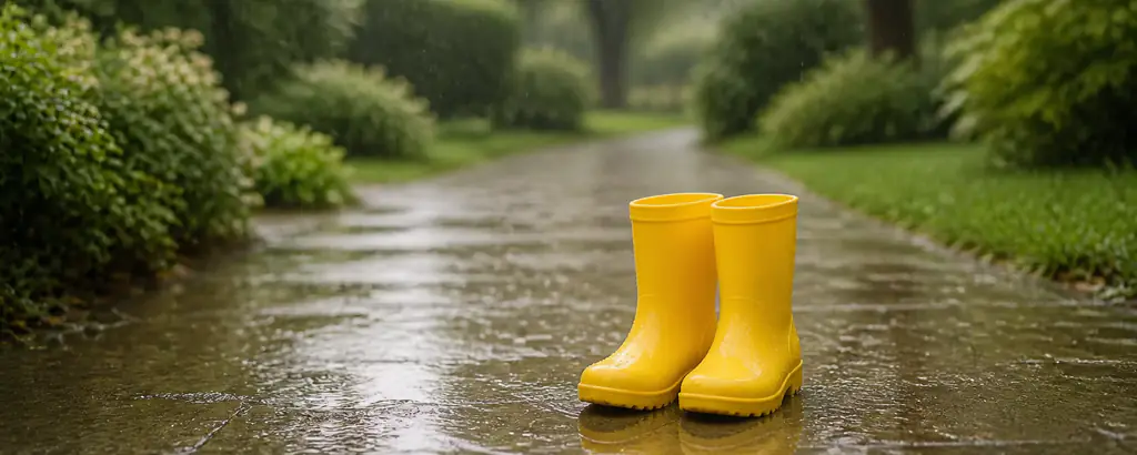 Yellow rain boots on a wet path on a rainy day, soft blurred trees in the background