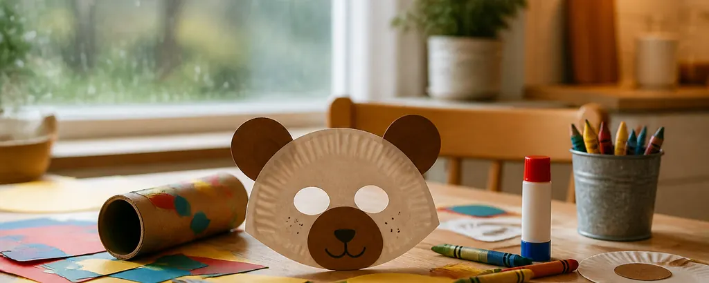 Paper plate mask, cardboard tube, glue, and crayons for indoor rainy-day crafts