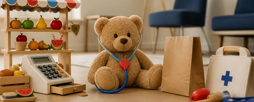 Teddy bear with a toy stethoscope beside a wooden play cafe and toy till