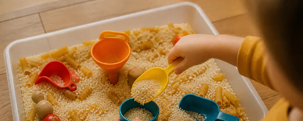 Bowls, scoops, and textured play materials for toddler sensory play