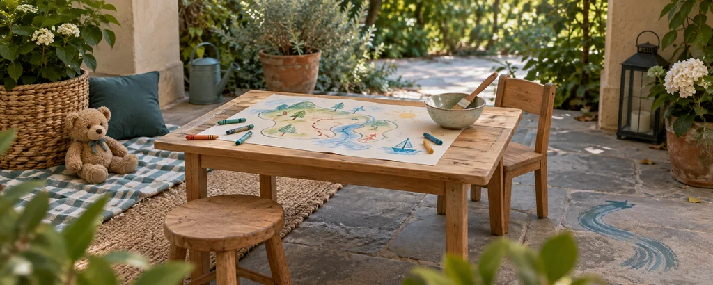 Shady patio play table with a crayon map and water-painting brush beside a teddy bear picnic