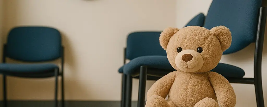Teddy bear on vintage books in a calm clinic waiting room with navy chairs